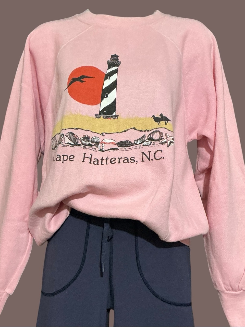 Vintage Cape Hatteras NC Pink Lighthouse Graphic Sweatshirt